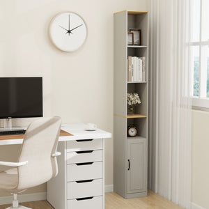 English Elm 72" Tall Slim Storage Cabinet Narrow 6-Tier Freestanding Bathroom Bookcase with Door, Adjustable Shelves, Antique White Finish – Sturdy MDF Organizer, Easy Assembly, Space-Saving Design W1120P317026