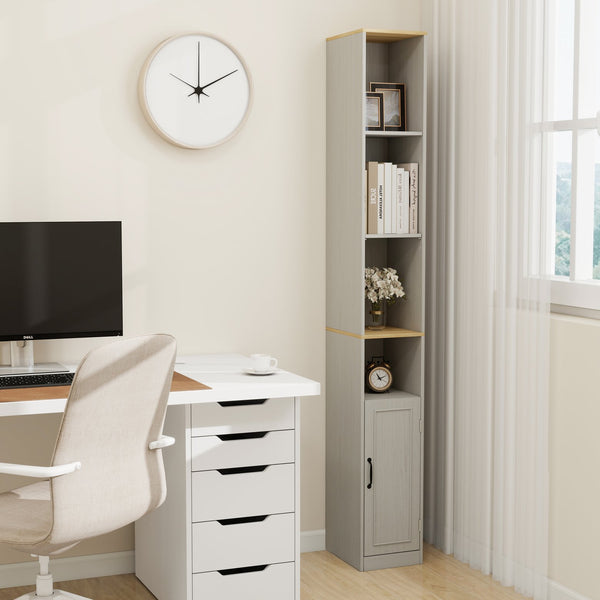English Elm 72" Tall Slim Storage Cabinet Narrow 6-Tier Freestanding Bathroom Bookcase with Door, Adjustable Shelves, Antique White Finish – Sturdy MDF Organizer, Easy Assembly, Space-Saving Design W1120P317026