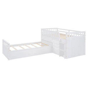English Elm L-shaped Twin Loft Platform Bed with 7 Drawers Full Guardrails Kids White Pine LT000853AAK