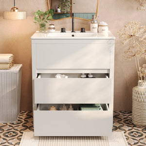 English Elm Christopher Knight Home® - 30" Bathroom Vanity with Ceramic Sink, 2 Soft-Close Full-Extension Drawers, Handle-Free 45° Design, Durable MDF White N817P280549W