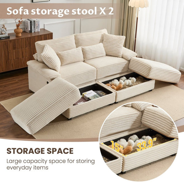 English Elm Double Chaise Sectional Sofa with Corduroy Upholstery Usb Charging and Storage Ottomans W2606P317518
