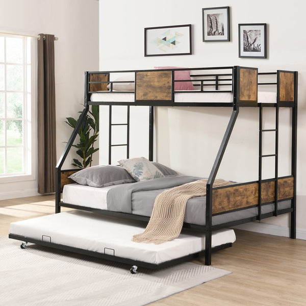 English Elm Twin Metal Bunk Bed Over Full with Trundle, Side Ladder, Full Guardrail, 11" Storage, Easy Assemble W2297P397394