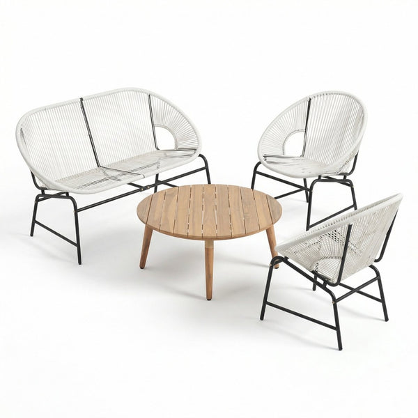 English Elm Nusa Outdoor Pe Rattan Conversation Set with Acacia Wood Coffee Table Patio White NUSA4PCSET-WHI
