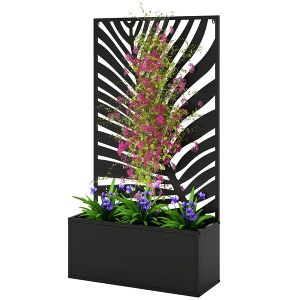 English Elm Freestanding Metal Raised Garden Bed with Leaf Trellis Panel for Patios and Balconies T3971P455188