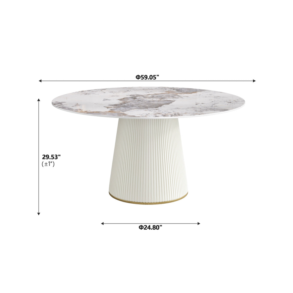 English Elm 59.05 "Elegant Round White Artificial Stone Dining Table For 8 - Modern Beige Plywood Base Design" W1535S00450