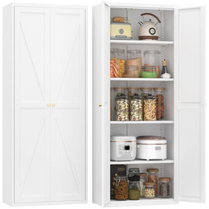 English Elm 2 Door Steel Pantry Cabinet Powder Coated Finish Gold Hardware Adjustable Shelves Tall Storage White T3625P366652