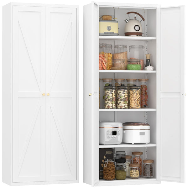 English Elm 2 Door Steel Pantry Cabinet Powder Coated Finish Gold Hardware Adjustable Shelves Tall Storage White T3625P366652
