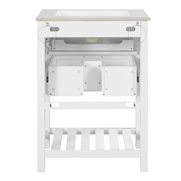 English Elm 24" Rattan Front Bathroom Vanity with Ceramic Sink Deep Drawer Storage Mdf Cabinet White N710P293990K