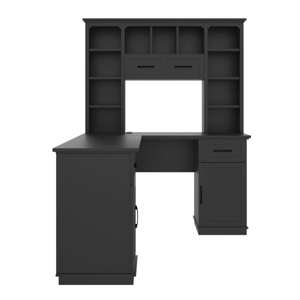 English Elm L-shaped computer desk with ample storage 11 shelves, 3 cabinets, 2 drawers, flip-up shelf for workspaces Black W1580S00189