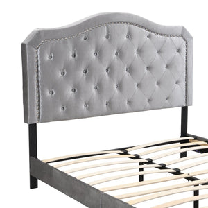 English Elm Upholstered Queen Platform Bed Grey Velvet Tufted Curved Headboard with Led Lighting W311P228694