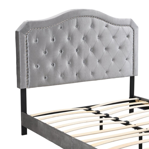 English Elm Upholstered Queen Platform Bed Grey Velvet Tufted Curved Headboard with Led Lighting W311P228694