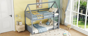 English Elm Twin House-Style Floor Bunk Bed With Safety Guardrails, Durable Rubberwood, And Fun Grey Finish W504P314947-GIGA