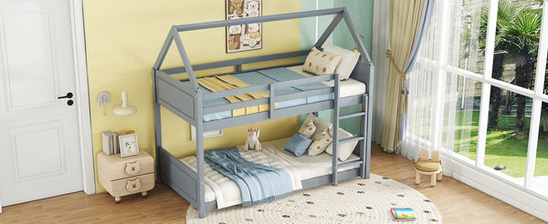 English Elm Twin House-Style Floor Bunk Bed With Safety Guardrails, Durable Rubberwood, And Fun Grey Finish W504P314947-GIGA