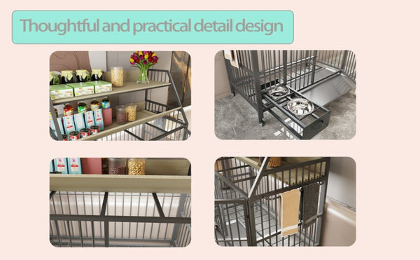 English Elm Large Pet Cage with Iron Frame Mdf Panels Storage Rack and Steel Feeding Basins Beige,Black W3064P245386