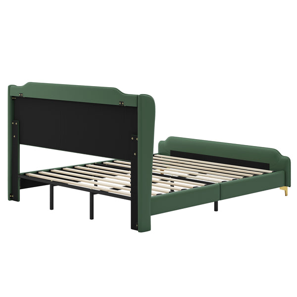 English Elm Christopher Knight Home® - King PU Leather Bed Frame with Wingback Headboard & Footboard, Gold Accents, Platform Slat Support, Elegant Design Green 77.5 L x 21 W x 5.25 H N761S0000012G
