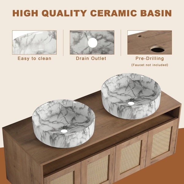 English Elm 48" Floating Bathroom Vanity Oak Finish Dual Ceramic Sinks Four Soft Close Doors W999S00494