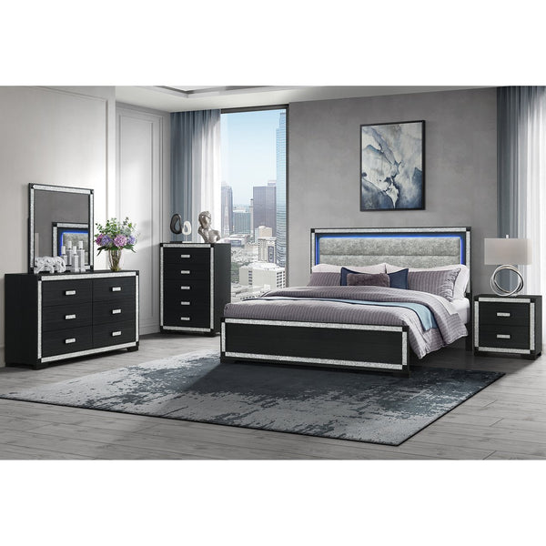 English Elm Soulmarie Solid Wood King Bed with Padded Headboard, LED Lights, Glitter Detail & Curved Legs Charcoal 84.84 L x 7.87 W x 4.72 H B201S00449
