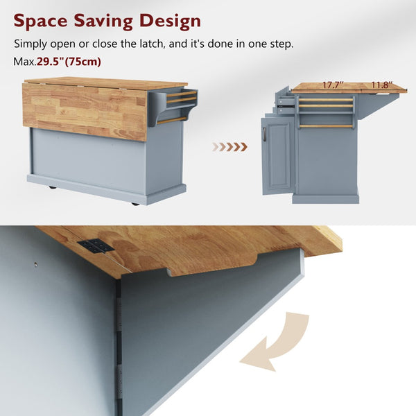 English Elm K&k Farmhouse Rolling Kitchen Island Rubberwood Drop Leaf 3 Drawers 4 Cabinet Doors Grey+Blue N707S195395G