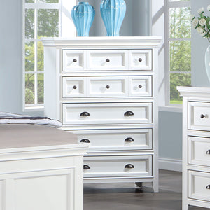 English Elm Transitional Solid Wood Chest with Five Smooth Glide Drawers, Felt-Lined Top, Timeless Design White 39 L x 21 W x 56 H B2741P369372