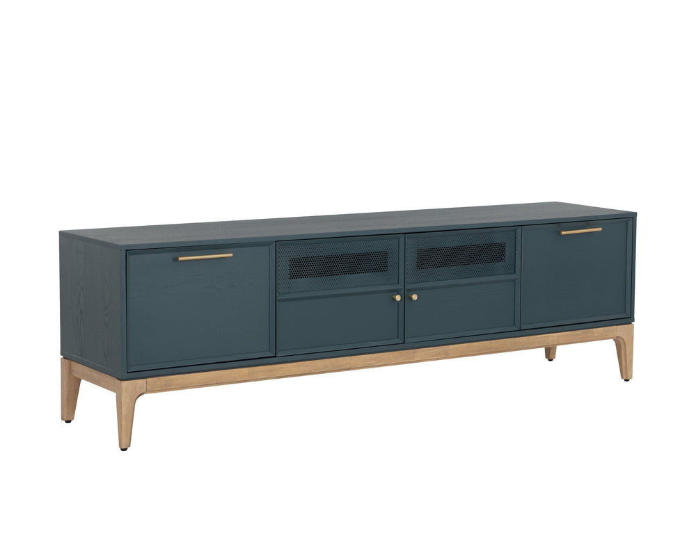 Sunpan Rivero Mid-Century Modern Media Console in Teal Oak with Gold Hardware and Ample Storage Solutions