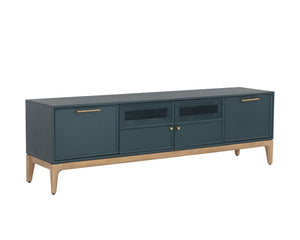 Sunpan Rivero Mid-Century Modern Media Console in Teal Oak with Gold Hardware and Ample Storage Solutions