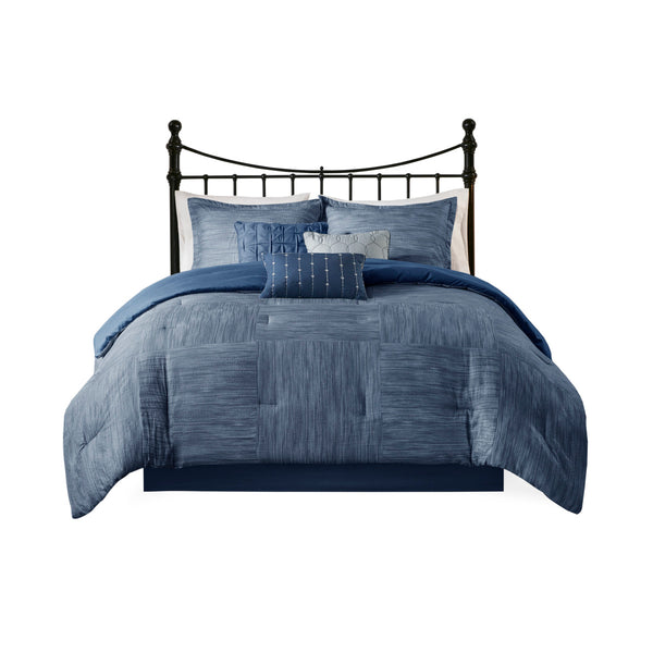 English Elm 7 Piece Printed Seersucker Comforter Set Navy Queen - Madison Park Walter, Hypoallergenic, Machine Washable, Modern Textured Design B03597178