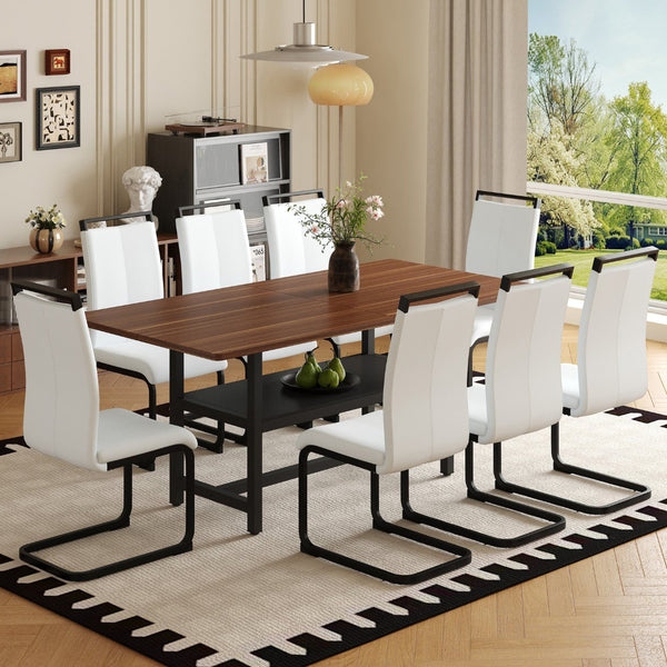 English Elm Table And Chair Set - 71" Walnut Grain Dining Table With 8 White Pu Chairs & Black Metal Legs W1151S04277-GIGA