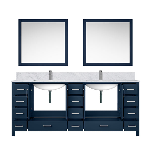 English Elm Navy Double Bath Vanity 84" W x 22" D with Carrara Marble Top, Chrome Faucet, 34" Mirrors, Durable Countertop B2731S01067
