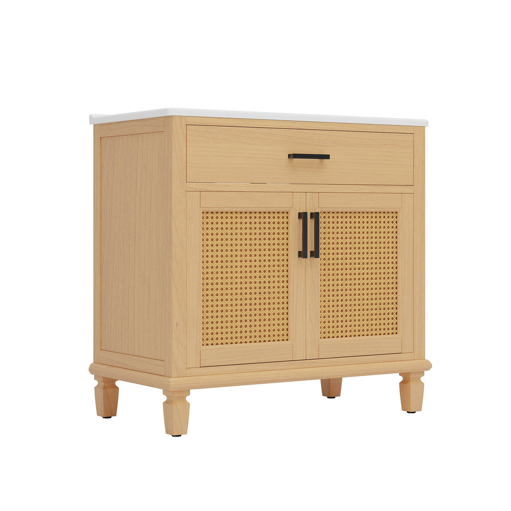 English Elm Christopher Knight Home® - 36" Rattan Bathroom Vanity with Ceramic Sink and Soft-Close Drawers, Handwoven Door Texture, Solid Wood Legs, Spacious Storage Elegance Natural N817P271077N