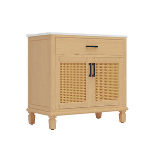 English Elm Christopher Knight Home® - 36" Rattan Bathroom Vanity with Ceramic Sink and Soft-Close Drawers, Handwoven Door Texture, Solid Wood Legs, Spacious Storage Elegance Natural N817P271077N
