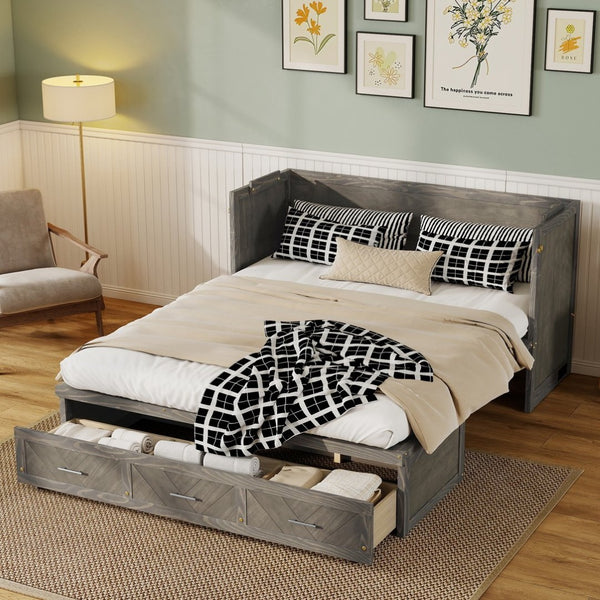 English Elm Queen Murphy Cabinet Bed Pine Wood Geometric Panel Antique Grey with Usb Charging W504S00302