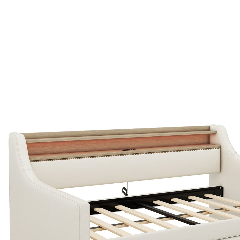 English Elm Twin Size Daybed With Storage Drawers, Led Lights & Charging Station – Stylish Beige Upholstered Design W1580S00022-GIGA