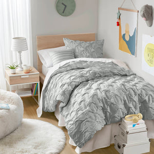 JLA Home Comfort Spaces - Diamond Ruched Ogee Pleat Comforter Set — Crinkle Texture, OEKO‑TEX Certified, Lightweight All‑Season Cozy Elegance Gray AM10-0162
