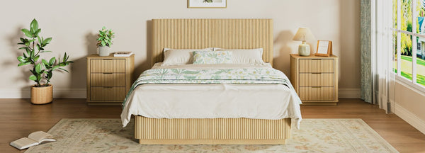 English Elm Queen Bed Frame with Led Lighting Curved Groove Panels and Floating Base Modern Bedroom Oak W1820S00050