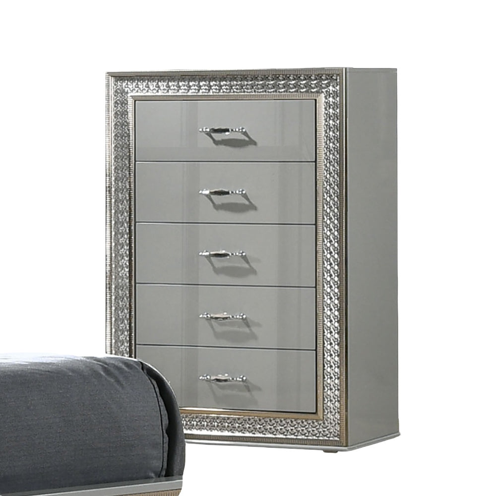 English Elm Glam Metallic Gray 5-Drawer Chest with Scale Molding Trim, Felt Lined Drawers, Durable Wood 49"H B2741P369860