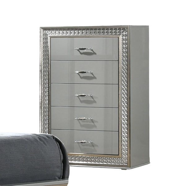 English Elm Glam Metallic Gray 5-Drawer Chest with Scale Molding Trim, Felt Lined Drawers, Durable Wood 49"H B2741P369860