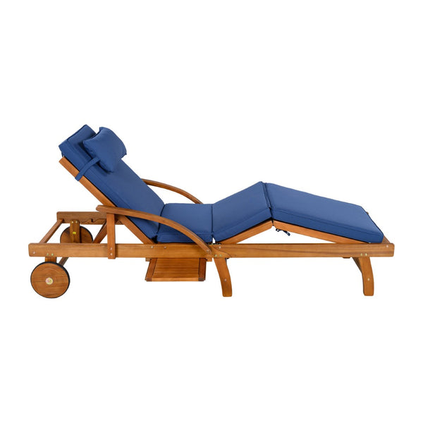 English Elm U_style Acacia Wood Outdoor Chaise Lounger with Reclining Backrest Cushions and Side Tray Navy Blue N711P415859C
