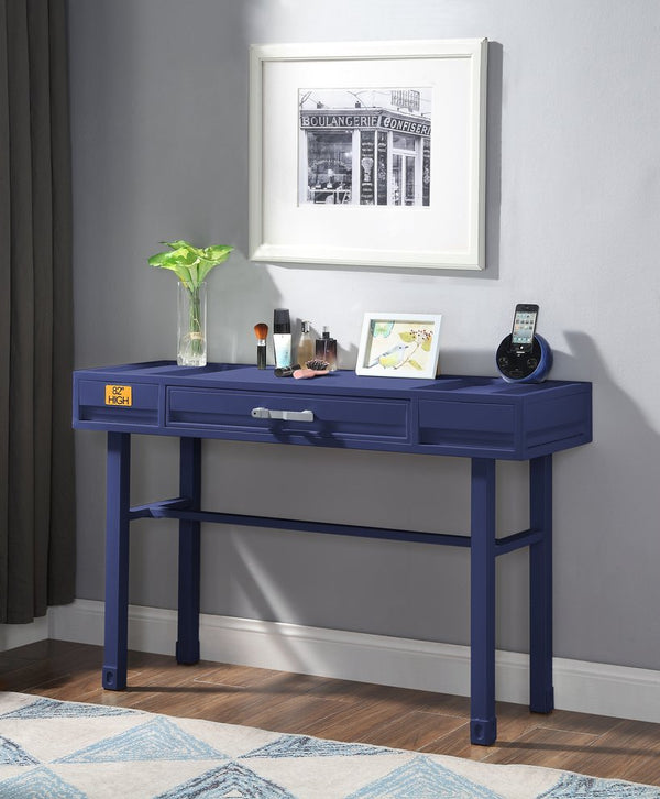 English Elm Cargo Blue Finish Vanity Desk with Metal Frame, 1 Drawer, Industrial Modern Design for Bedroom Workspaces B2726P263382