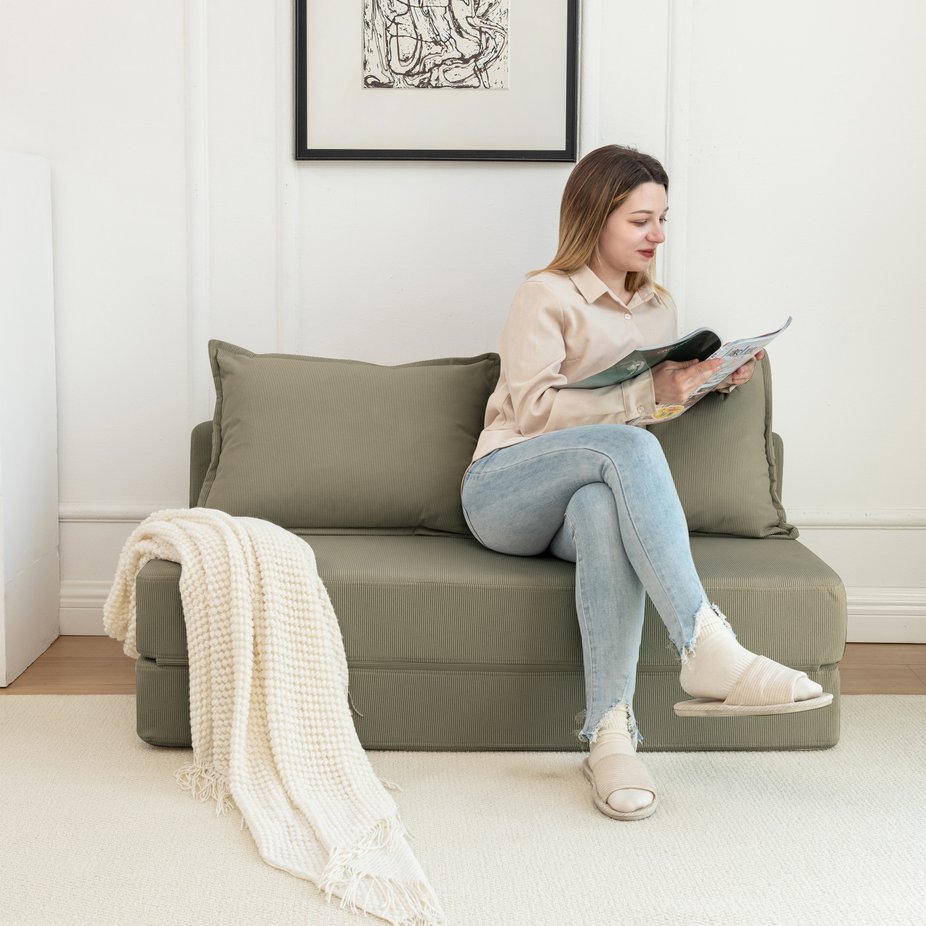 English Elm Foldable Sofa Bed with Memory Foam Lumbar Pillow, Space-Saving Convertible Lounger for Small Spaces Beige W1170P314885