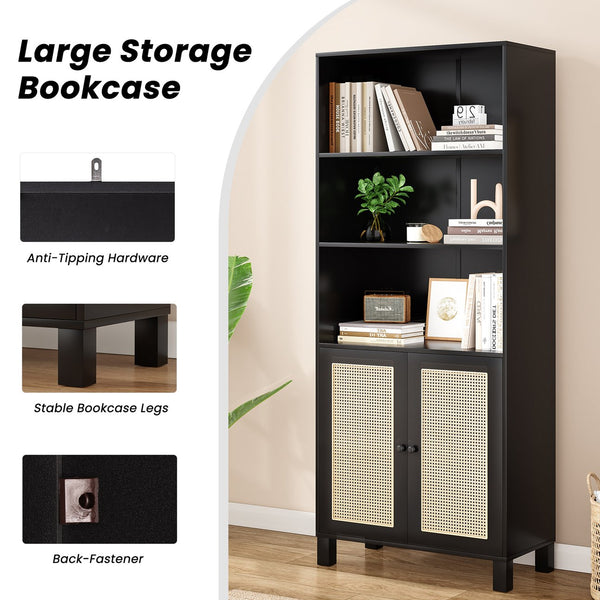 English Elm Tall Rattan Door Bookcase with 5 Shelves — Stylish Tall Storage Shelf for Living Room Office LibraryBedroom Black T3623P379897