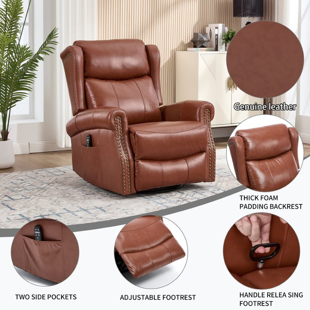 English Elm Heat Massage Rocker Recliner Genuine Leather Swivel Chair with Lumbar Vibration Nodes W3224S00016