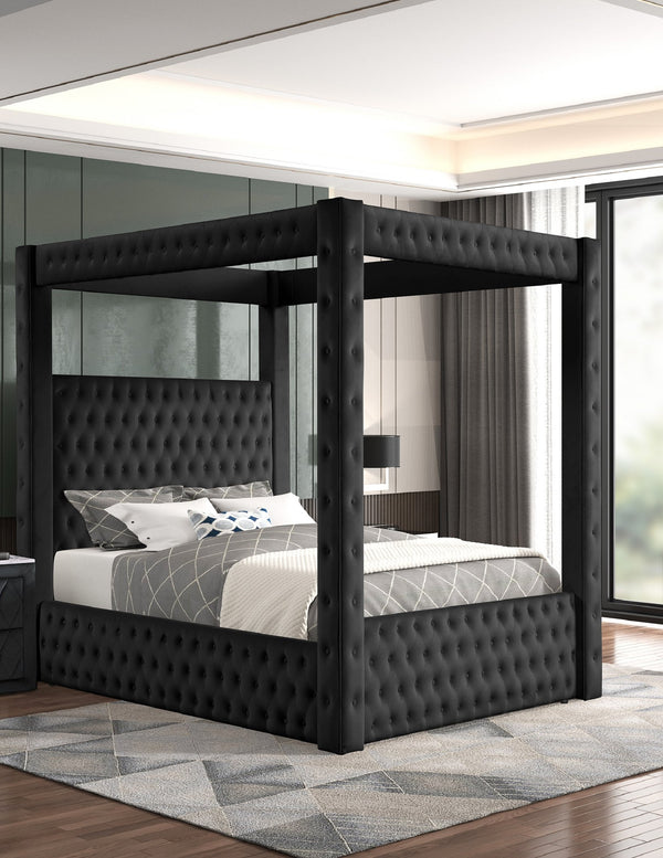 English Elm 1pc Majestic Canopy Four-Poster Queen Bed with Tufted Velvet Headboard & Footboard, Luxurious Statement Black 89 L x 26 W x 6 H B2741S00126