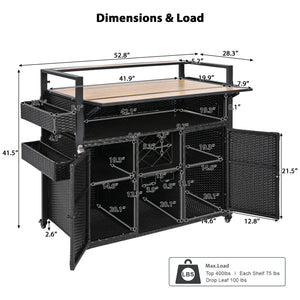 English Elm K&K Wicker Outdoor Grill Cart with Foldable Drop Leaf, Locking Wheels, Wine Rack & Ample Storage Black Brown N707P233747B
