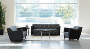 OSP Home Furnishings 2 Tone Upholstered Lounge Chair with Black Arms Cherry Legs Padded Seat Modern Style SF8472-K107/R107