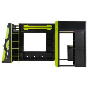 English Elm L-shaped Gaming Loft Bunk Bed Twin Wood Frame Rgb Lighting Usb Ports Storage Shelves Green LT000295AAG