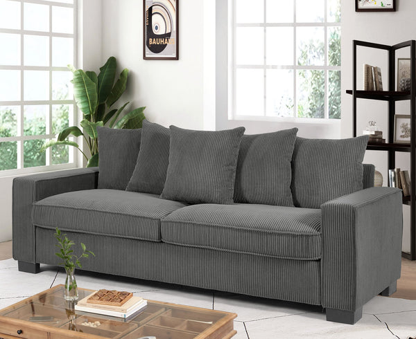 English Elm Luxe Corduroy Sofa with 5 Toss Pillows, Deep-Seat 3-Seater Couch, Sleek Modern Design, 88" Wide Grey B2735P256726