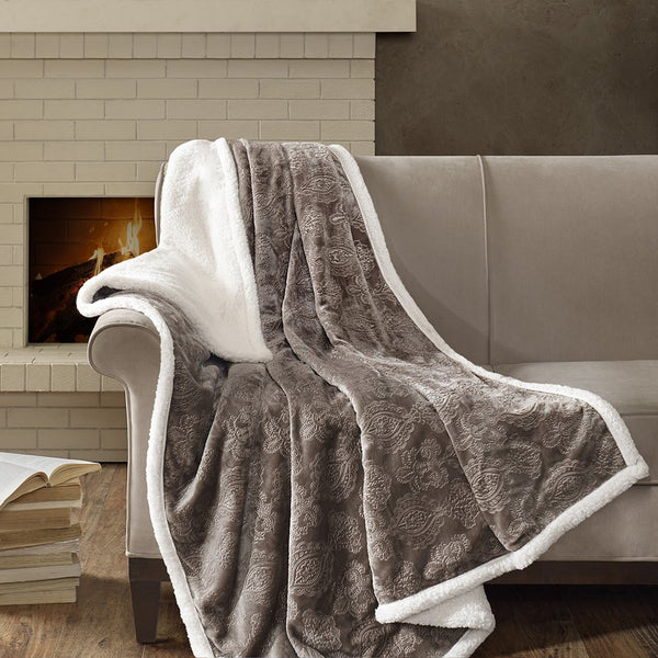 JLA Home Madison Park - Oversized Textured Plush Throw for Luxurious Warmth and Dual-Sided Berber Comfort, Machine Washable Tan MP50-3252