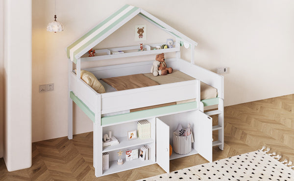 English Elm Full Size Pine Loft Bed with House Canopy Roof Built-in Shelves Kids Bedroom N7090005012F
