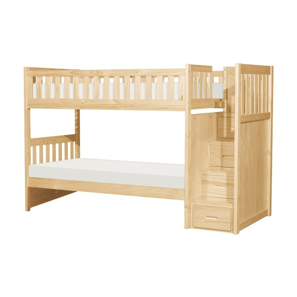 English Elm Twin Over Solid Pine Bunk Bed with Stair Drawers and Safety Guard Rails B011S02428