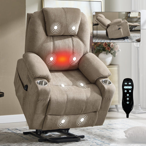 English Elm Up to 350 Lbs Chenille Power Lift Recliner with Massage Heating and Usb Charging Ports Khaki W3224S00026